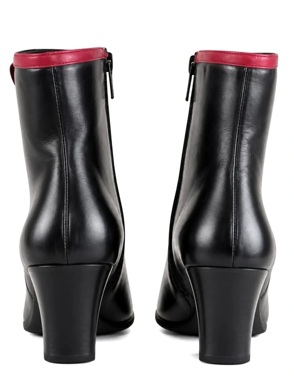 Women's Black Leather Ankle Boots with Red Trim and Side Zipper